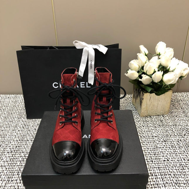 SHORT BOOTS GARNET RED MIX BLACK SUEDE LAMBSKIN