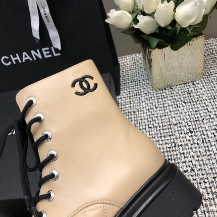 SHORT BOOTS  BEIGE CREAM MIX BLACK SUEDE LAMBSKIN