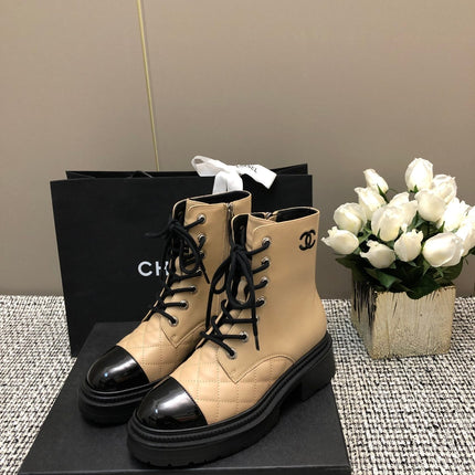 SHORT BOOTS  BEIGE CREAM MIX BLACK SUEDE LAMBSKIN