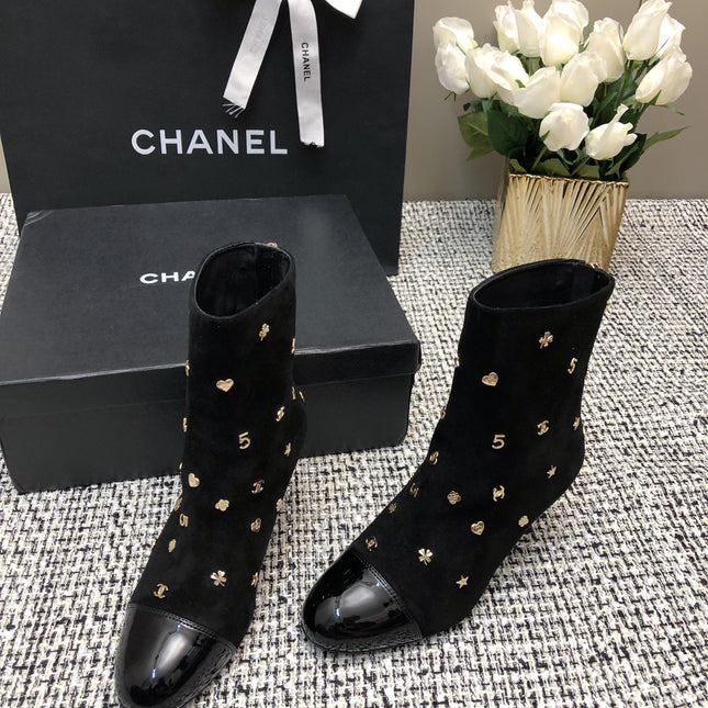 SHORT BOOTS BLACK SUEDE LAMBSKIN ATTACH METAL