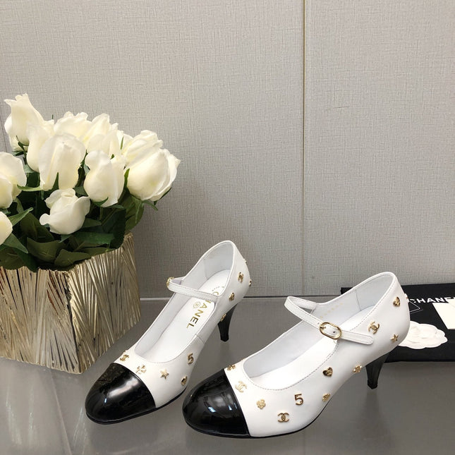 MARY JANE WHITE MIX BLACK LAMBSKIN ATTACH METAL