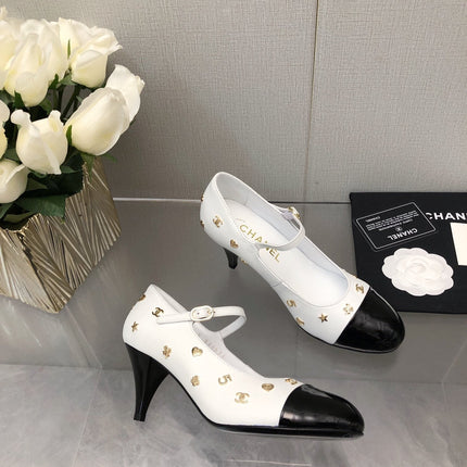 MARY JANE WHITE MIX BLACK LAMBSKIN ATTACH METAL