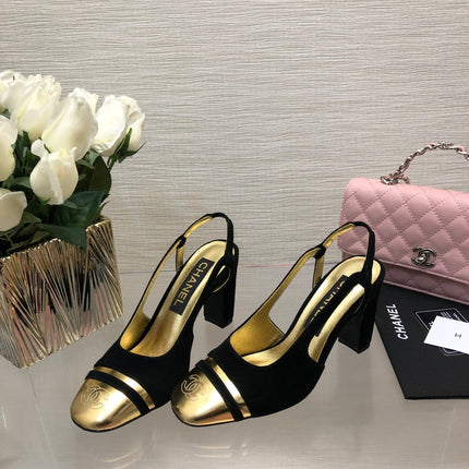 HIGH SLINGBACKS IN BLACK SUEDE AND GOLDEN LAMBSKIN