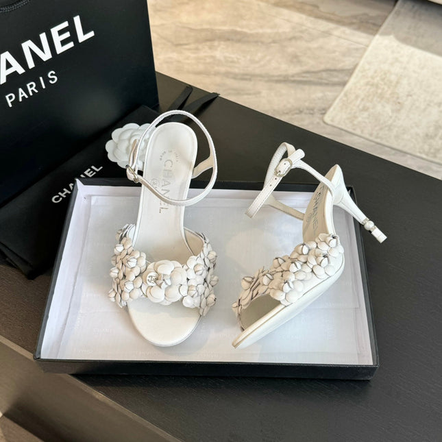 CC Little Camellia World Thin High Sandals White Lambskin