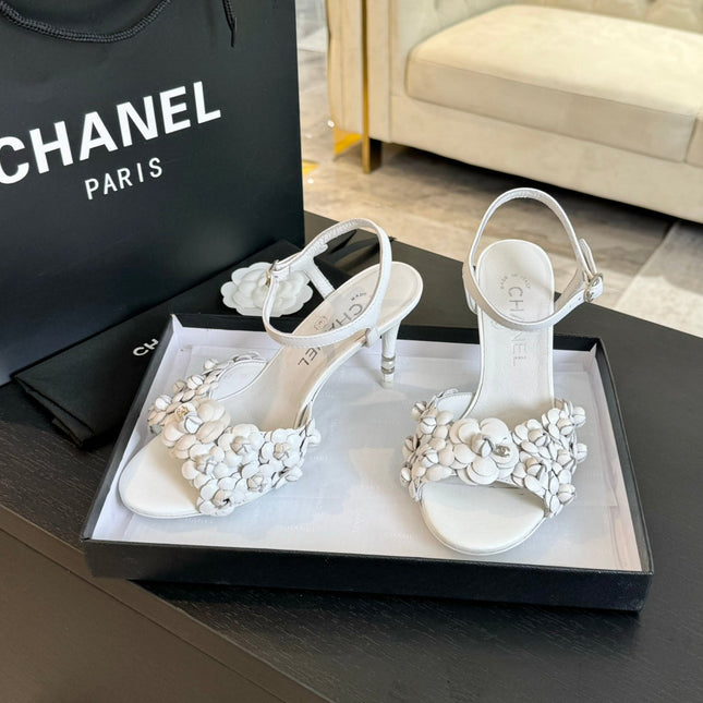 CC Little Camellia World Thin High Sandals White Lambskin