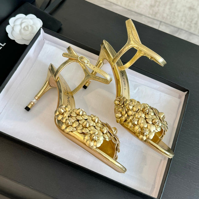 CC Little Camellia World Thin High Sandals Gold Lambskin