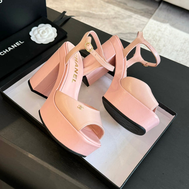 HIGH HEEL PLATFORM SANDALS IN PEACH PINK CALFSKIN