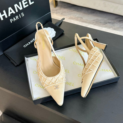 POINTED SLINGBACK MID HEELS BEIGE CREAM LAMBSKIN