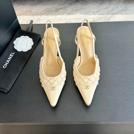 POINTED SLINGBACK MID HEELS BEIGE CREAM LAMBSKIN