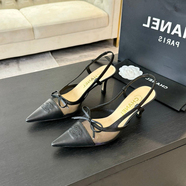 MESH LOGO SLINGBACKS IN BLACK LAMBSKIN