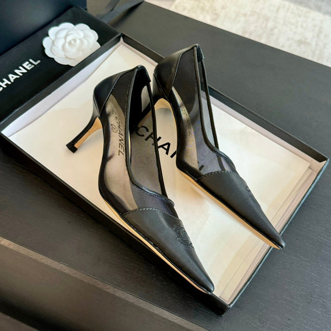 MESH LOGO HEELS IN BLACK LAMBSKIN