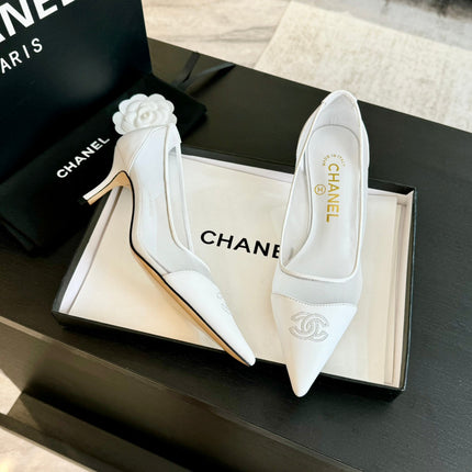 MESH LOGO HEELS IN WHITE LAMBSKIN