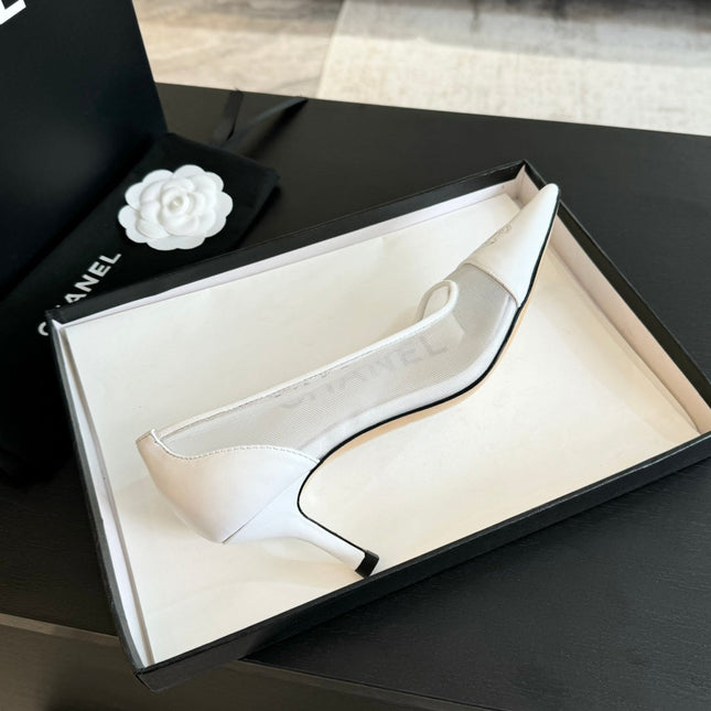 MESH LOGO HEELS IN WHITE LAMBSKIN