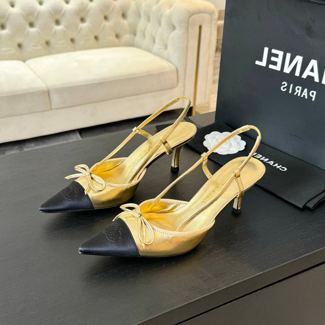 SLINGBACK WITH BOW IN GOLDEN MIX BLACK LAMBSKIN