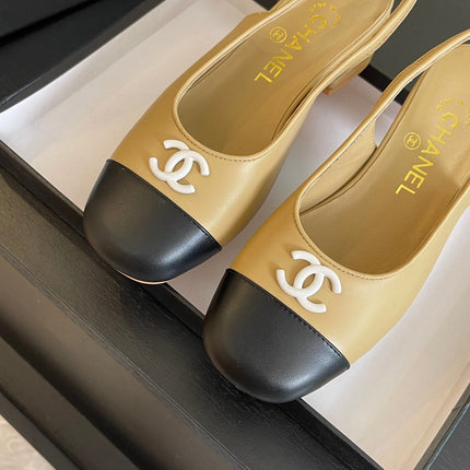 CC SLINGBACKS IN DARK BEIGE MIX BLACK CALFSKIN