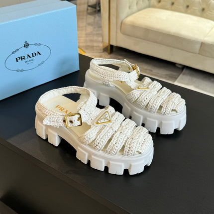 PRA MONOLITH CROCHET CAGE SANDALS WHITE LAMBSKIN