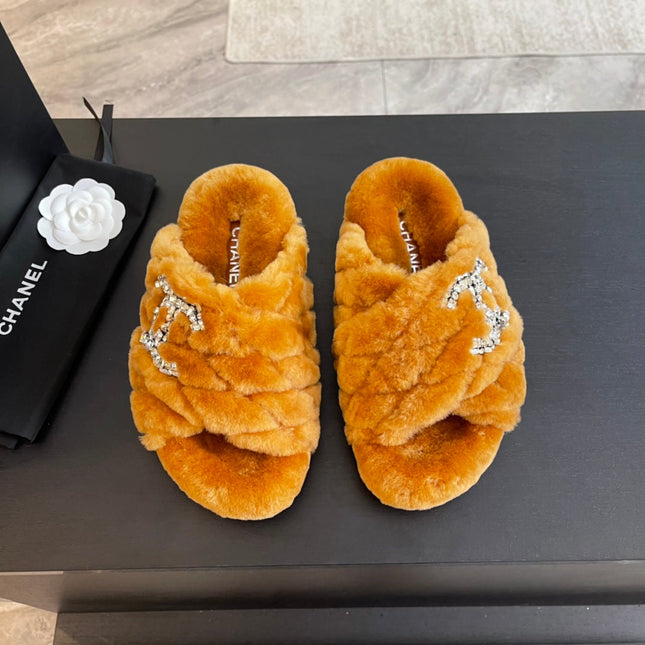 SAFETY ORANGE FUR CROSS STRAP SLIPPERS