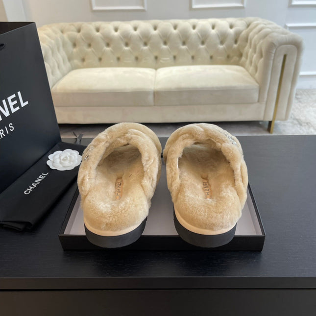 BEIGE CREAM FUR CROSS STRAP SLIPPERS