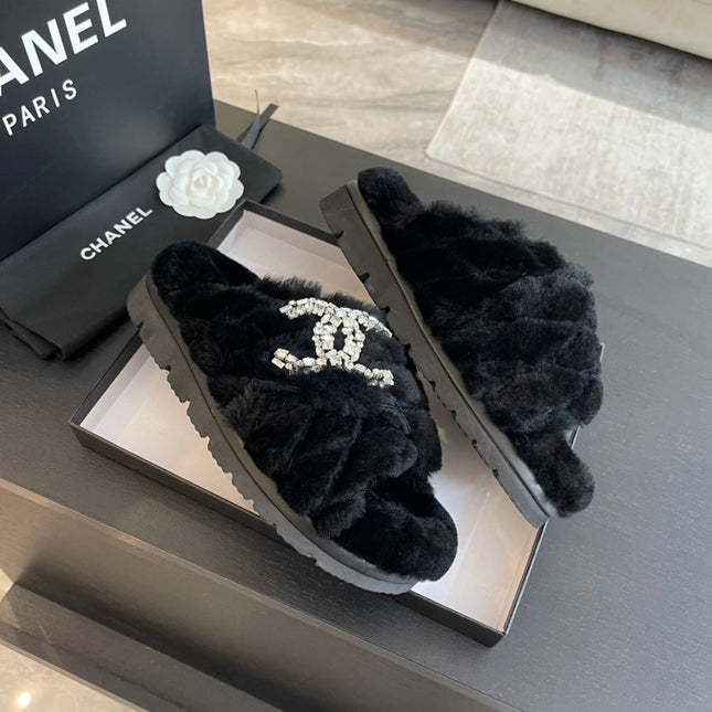 BLACK FUR CROSS SRAP SLIPPERS