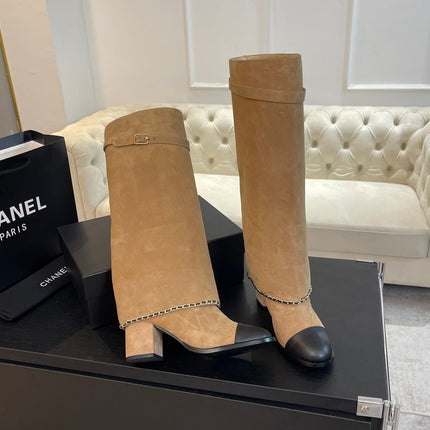 HIGH BOOTS 6.5 CM IN CIDER BROWN SUEDE AND BLACK CALFSKIN