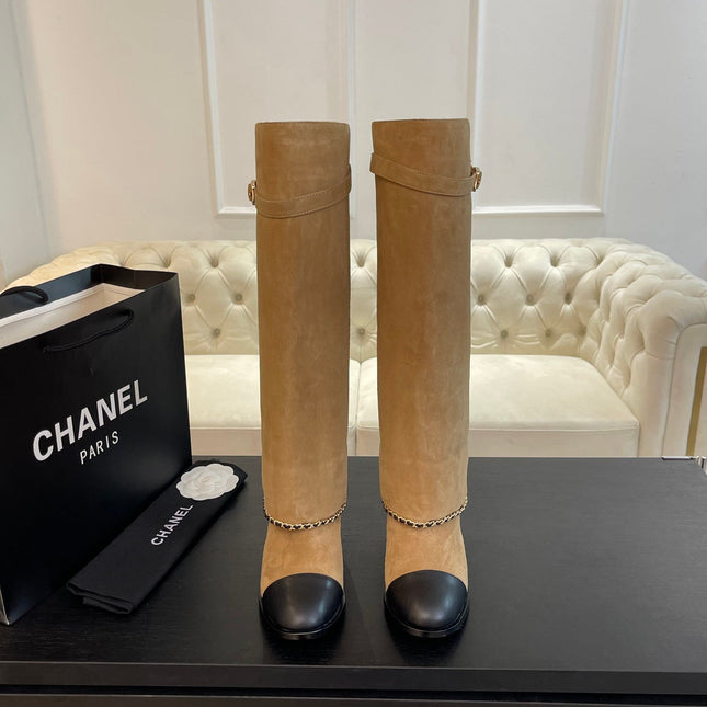 HIGH BOOTS 6.5 CM IN CIDER BROWN SUEDE AND BLACK CALFSKIN