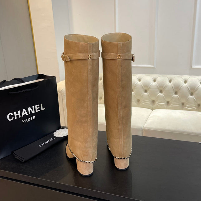 HIGH BOOTS 6.5 CM IN CIDER BROWN SUEDE AND BLACK CALFSKIN