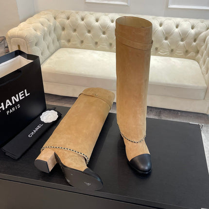 HIGH BOOTS 6.5 CM IN CIDER BROWN SUEDE AND BLACK CALFSKIN