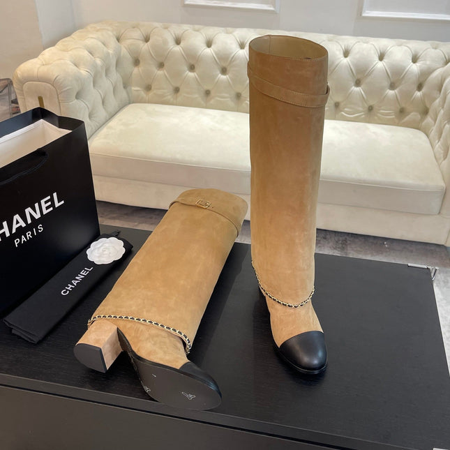 HIGH BOOTS 6.5 CM IN CIDER BROWN SUEDE AND BLACK CALFSKIN