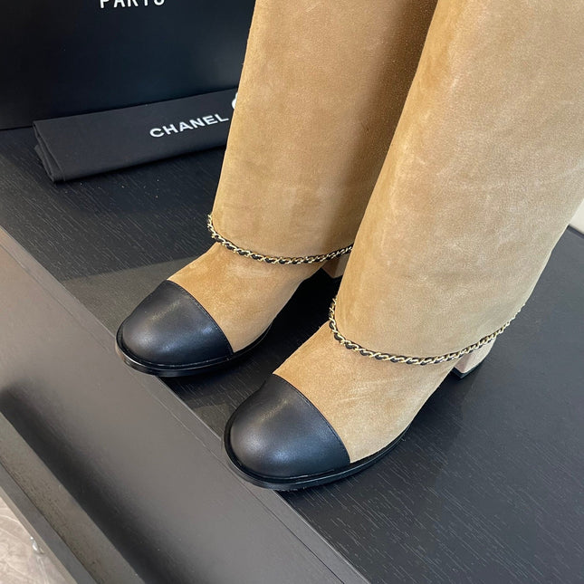 HIGH BOOTS 6.5 CM IN CIDER BROWN SUEDE AND BLACK CALFSKIN