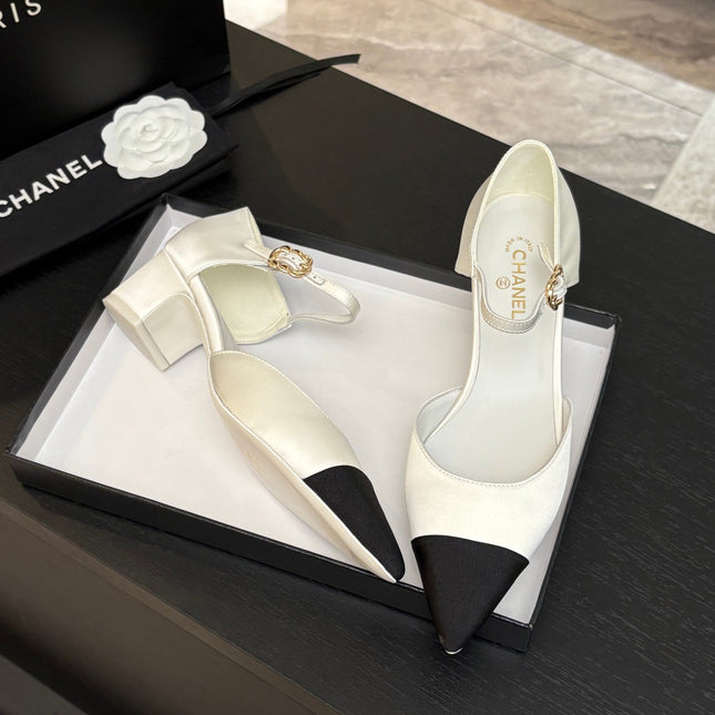 BLOCK HEEL SLINGBACKS IN WHITE MIX BLACK SILK FABRIC