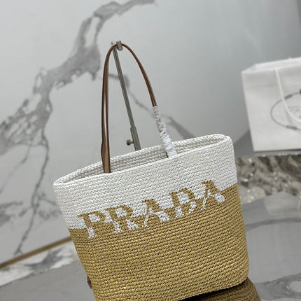 SMALL TOTE BAG 27 IN WHITE MIX BEIGE RAFFIA AND BROWN CALFSKIN HANDLE