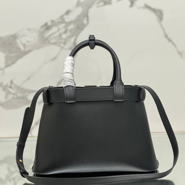 TOTE BAG WITH BELT 32 IN BLACK IMPORTED CALFSKIN