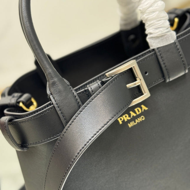 TOTE BAG WITH BELT 32 IN BLACK IMPORTED CALFSKIN