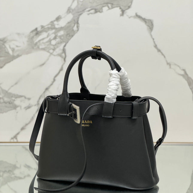 TOTE BAG WITH BELT 32 IN BLACK IMPORTED CALFSKIN