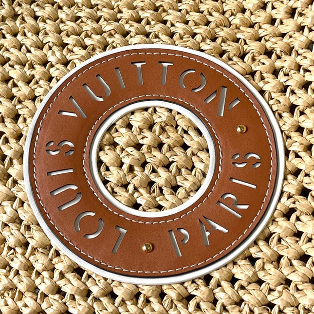 ONTHEGO MM 37 IN BEIGE WOVEN RAFFIA WITH LEATHER DETAILING