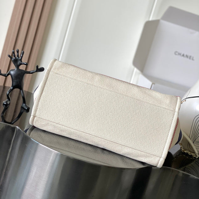 CHANEL 25S SHOPPING BAG 35 IN CREAM WHITE AND NAVY BLUE CANVAS