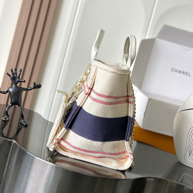 CHANEL 25S SHOPPING BAG 35 IN CREAM WHITE AND NAVY BLUE CANVAS