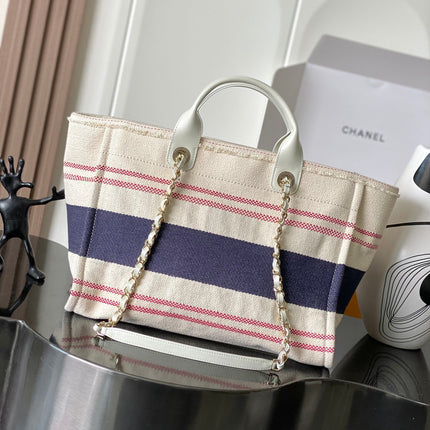 CHANEL 25S SHOPPING BAG 35 IN CREAM WHITE AND NAVY BLUE CANVAS