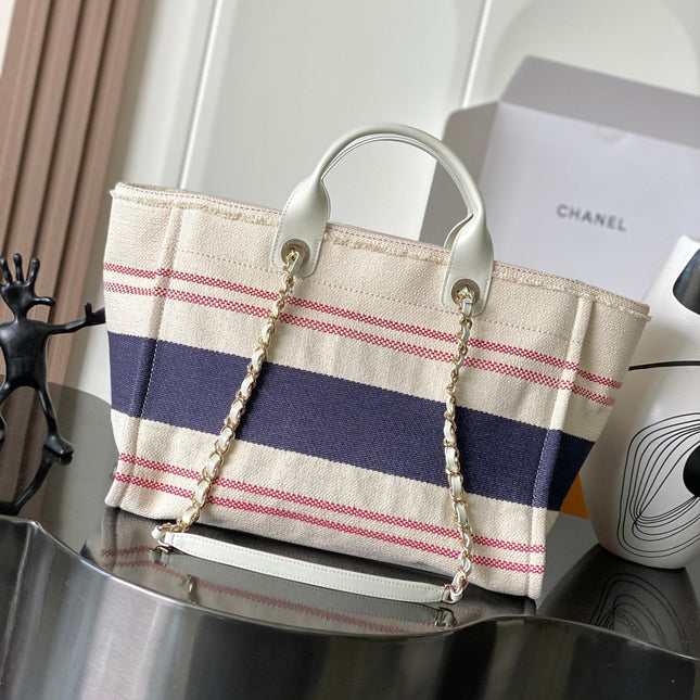 CHANEL 25S SHOPPING BAG 35 IN CREAM WHITE AND NAVY BLUE CANVAS