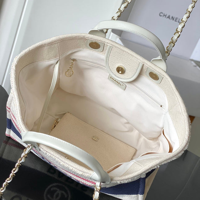 CHANEL 25S SHOPPING BAG 35 IN CREAM WHITE AND NAVY BLUE CANVAS
