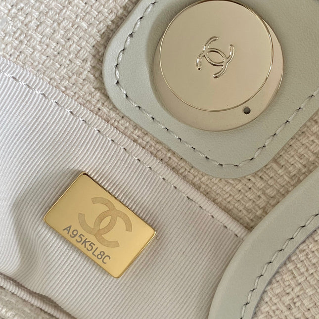 CHANEL 25S SHOPPING BAG 35 IN CREAM WHITE AND NAVY BLUE CANVAS