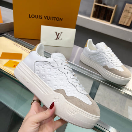 LV WOMEN GROOVY PLATFORM IN CAMEL BROWN SUEDE MIX WHITE EMBOSSED CALFSKIN