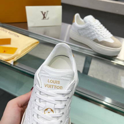LV WOMEN GROOVY PLATFORM IN CAMEL BROWN SUEDE MIX WHITE EMBOSSED CALFSKIN