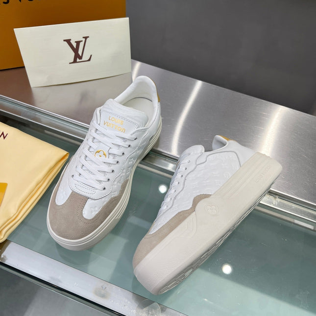 LV WOMEN GROOVY PLATFORM IN CAMEL BROWN SUEDE MIX WHITE EMBOSSED CALFSKIN