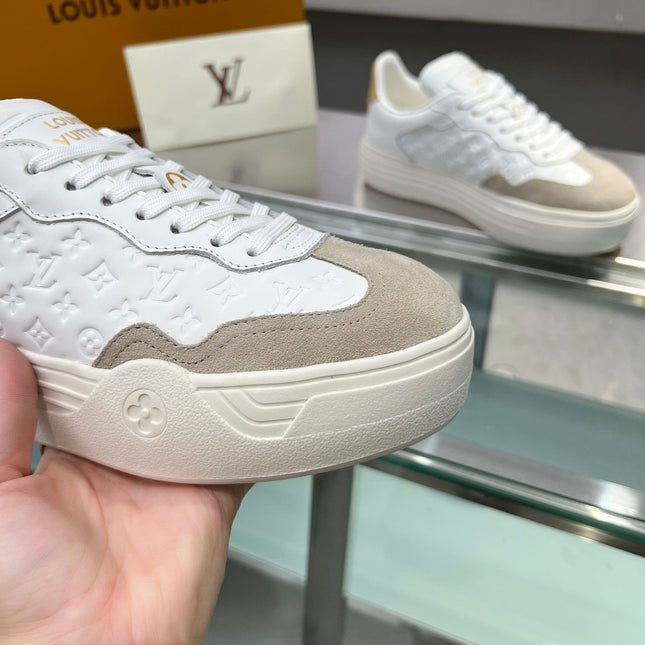LV WOMEN GROOVY PLATFORM IN CAMEL BROWN SUEDE MIX WHITE EMBOSSED CALFSKIN