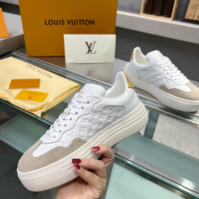 LV WOMEN GROOVY PLATFORM IN CAMEL BROWN SUEDE MIX WHITE EMBOSSED CALFSKIN