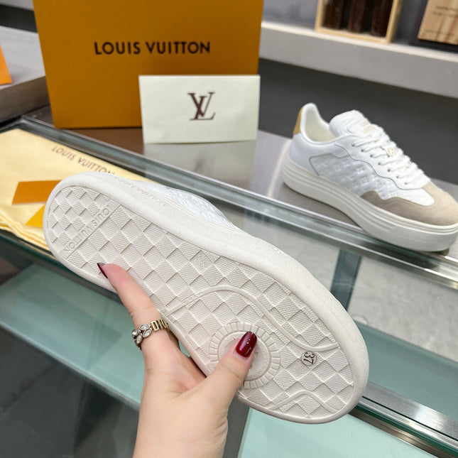 LV WOMEN GROOVY PLATFORM IN CAMEL BROWN SUEDE MIX WHITE EMBOSSED CALFSKIN