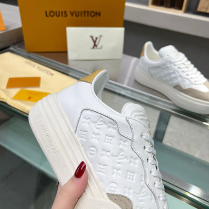 LV WOMEN GROOVY PLATFORM IN CAMEL BROWN SUEDE MIX WHITE EMBOSSED CALFSKIN