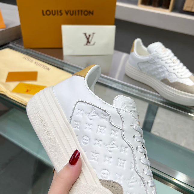LV WOMEN GROOVY PLATFORM IN CAMEL BROWN SUEDE MIX WHITE EMBOSSED CALFSKIN