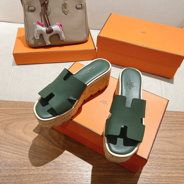 HM 25S HIGH WEDGE SANDALS IN DARK MOSS GREEN LAMBSKIN STYLE 32